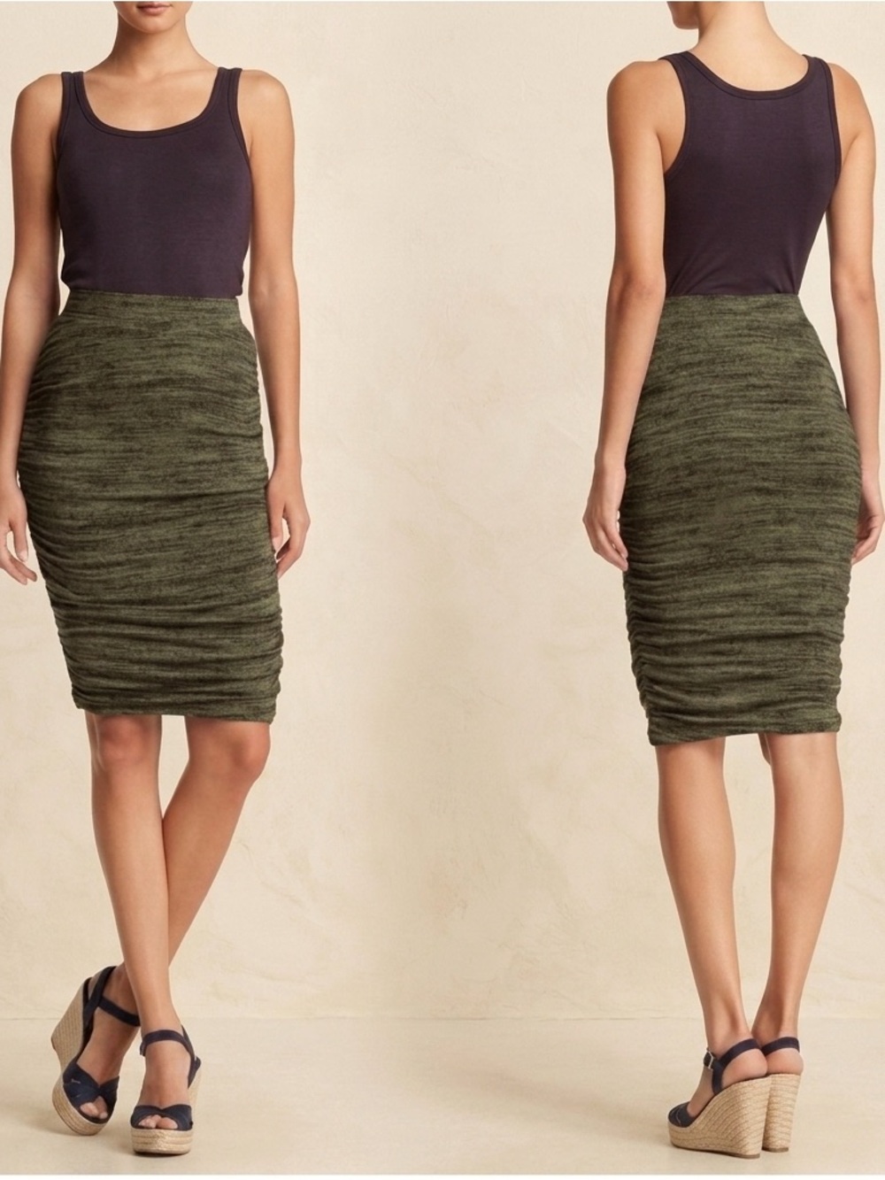 Splendid Olive Green Space Dye Ruched Midi Skirt M